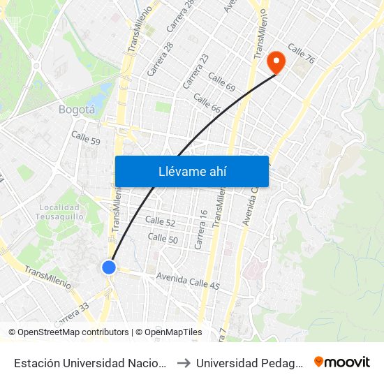 Estación Universidad Nacional (Av. NQS - Cl 45) to Universidad Pedagógica Nacional map