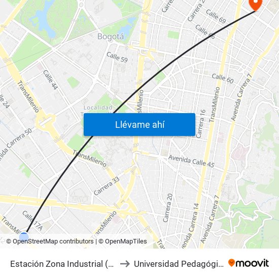 Estación Zona Industrial (Ac 13 - Kr 38) to Universidad Pedagógica Nacional map