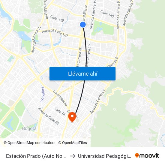 Estación Prado (Auto Norte - Cl 128a) to Universidad Pedagógica Nacional map