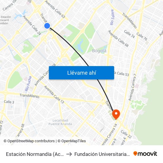 Estación Normandía (Ac 26 - Kr 74) to Fundación Universitaria San Mateo map