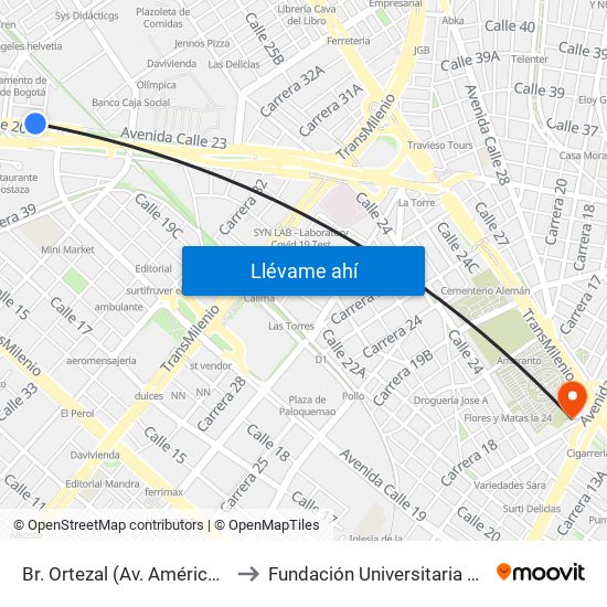 Br. Ortezal (Av. Américas - Tv 39) to Fundación Universitaria San Mateo map