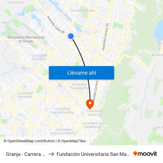 Granja - Carrera 77 to Fundación Universitaria San Mateo map