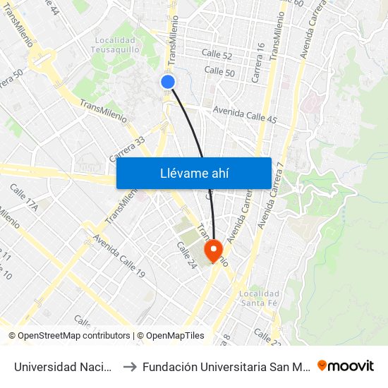 Universidad Nacional to Fundación Universitaria San Mateo map