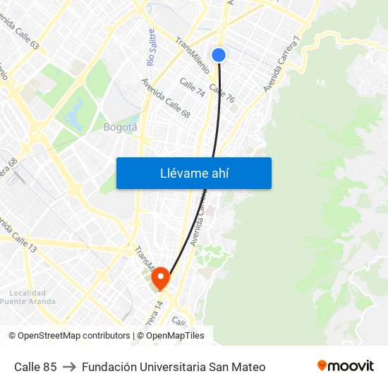 Calle 85 to Fundación Universitaria San Mateo map