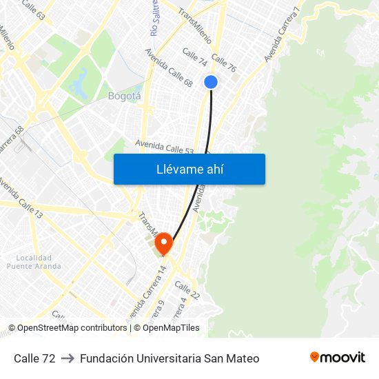 Calle 72 to Fundación Universitaria San Mateo map