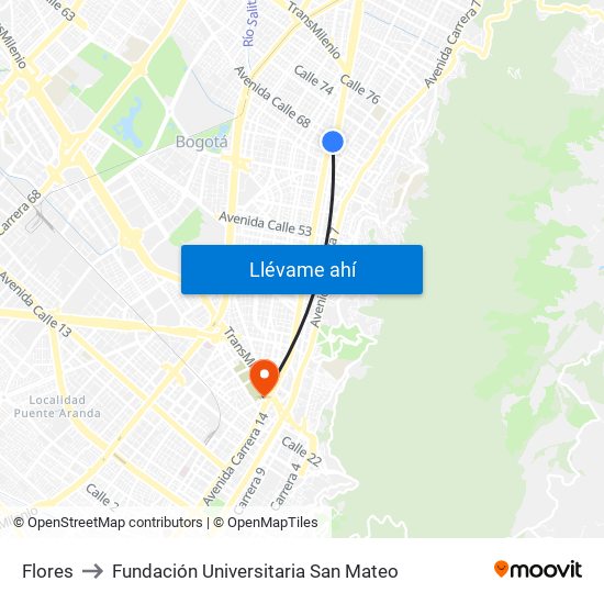 Flores to Fundación Universitaria San Mateo map