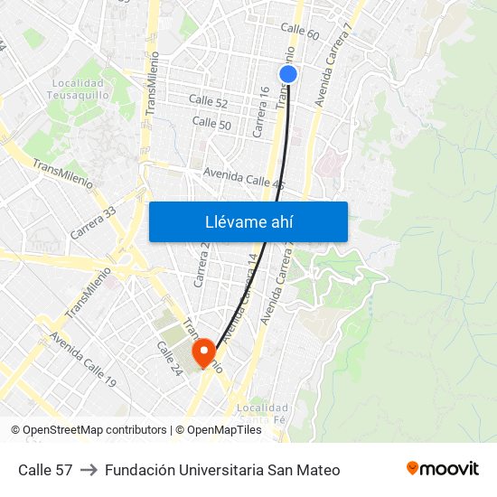 Calle 57 to Fundación Universitaria San Mateo map