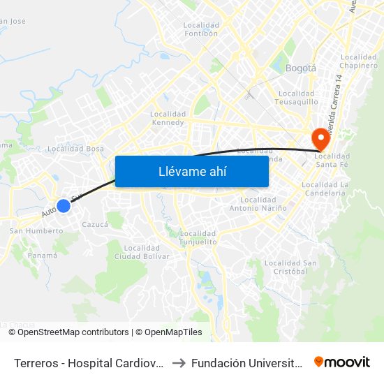 Terreros - Hospital Cardiovascular (Lado Sur) to Fundación Universitaria San Mateo map
