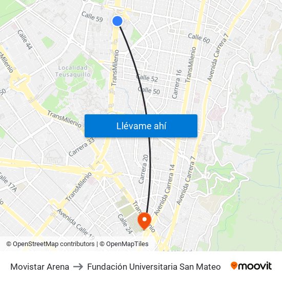 Movistar Arena to Fundación Universitaria San Mateo map