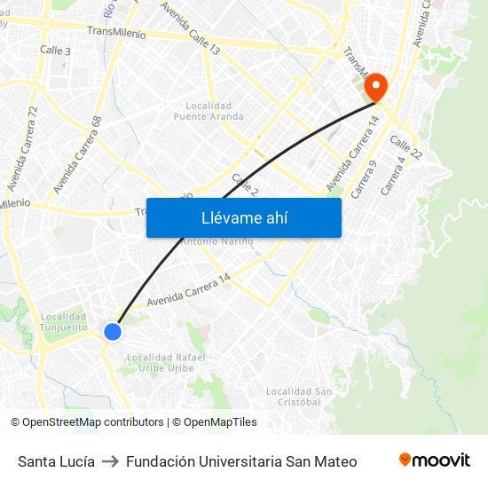 Santa Lucía to Fundación Universitaria San Mateo map