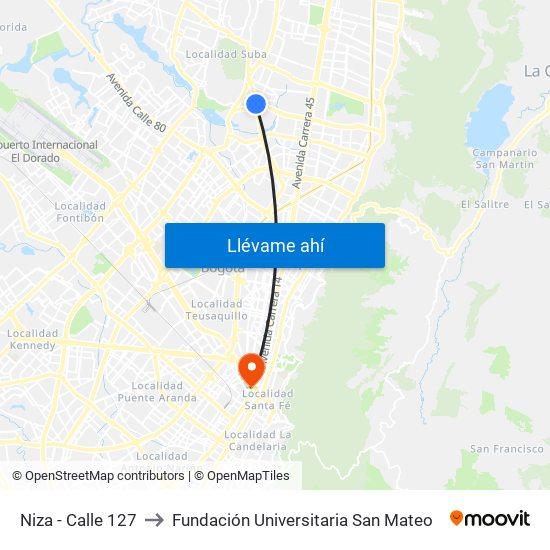Niza - Calle 127 to Fundación Universitaria San Mateo map