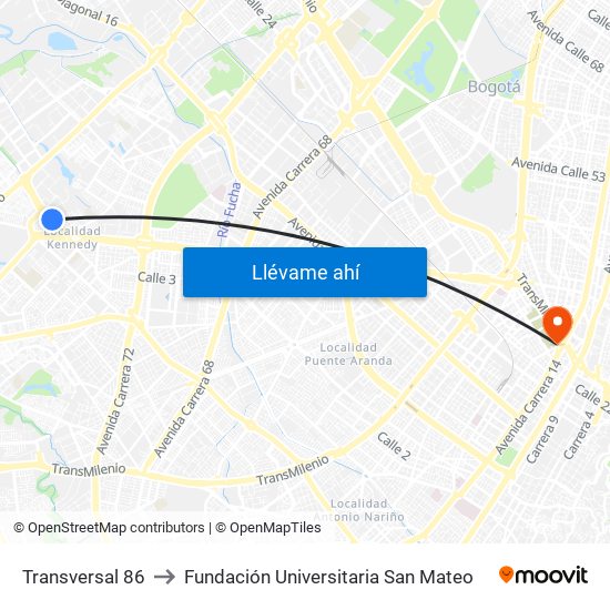 Transversal 86 to Fundación Universitaria San Mateo map