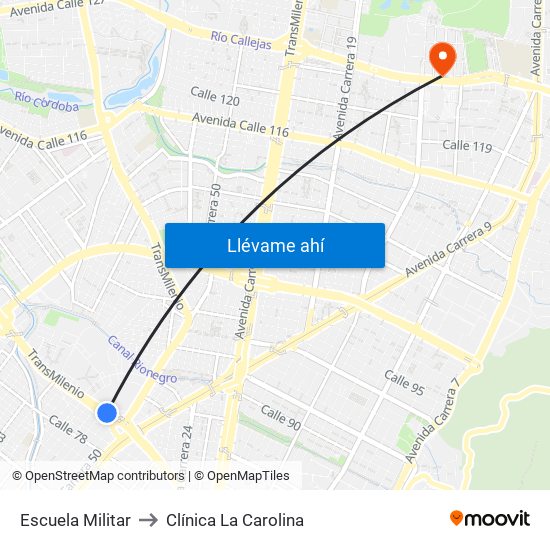 Escuela Militar to Clínica La Carolina map