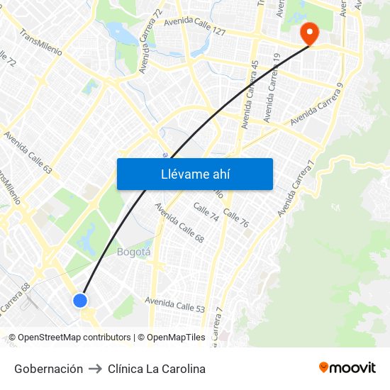 Gobernación to Clínica La Carolina map