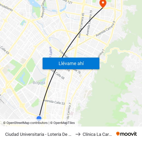 Ciudad Universitaria - Lotería De Bogotá to Clínica La Carolina map