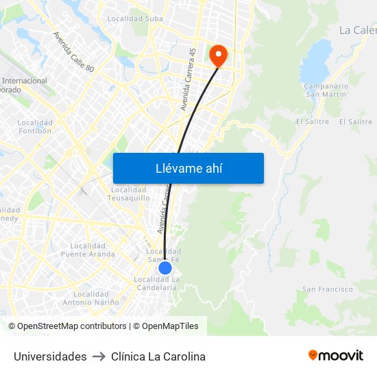Universidades to Clínica La Carolina map