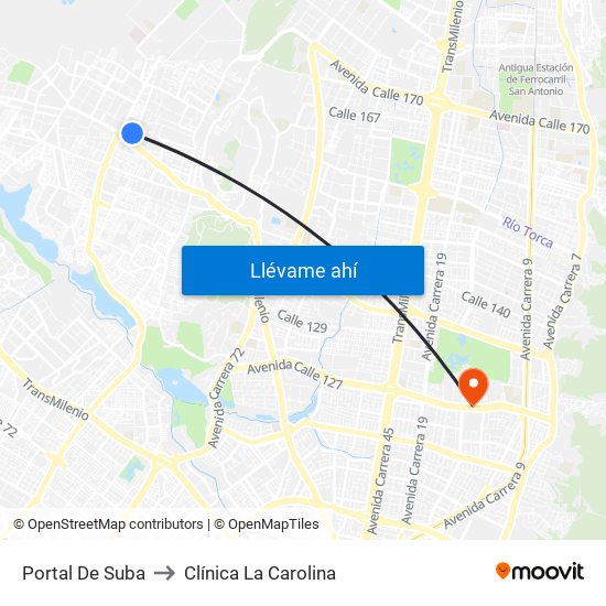 Portal De Suba to Clínica La Carolina map