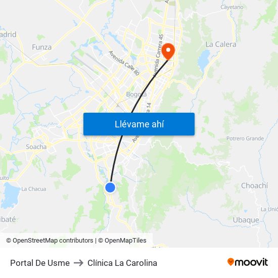 Portal De Usme to Clínica La Carolina map
