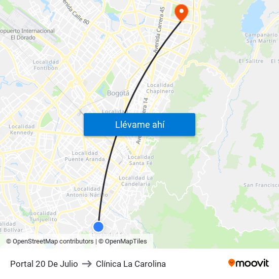 Portal 20 De Julio to Clínica La Carolina map