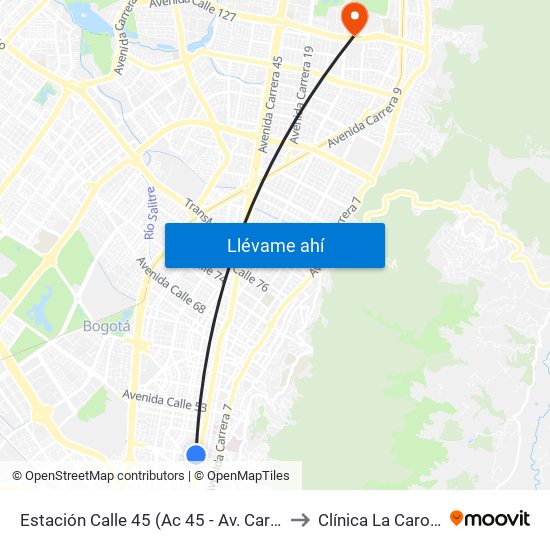 Estación Calle 45 (Ac 45 - Av. Caracas) to Clínica La Carolina map