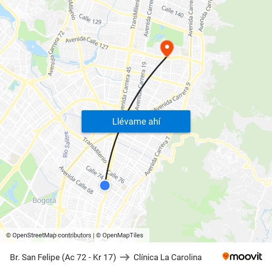Br. San Felipe (Ac 72 - Kr 17) to Clínica La Carolina map