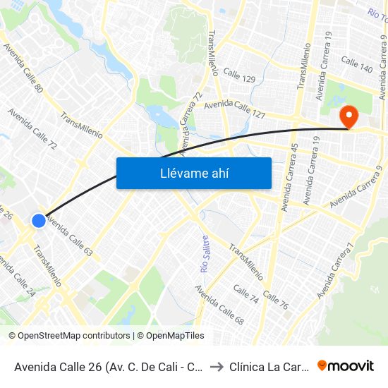 Avenida Calle 26 (Av. C. De Cali - Cl 51) (A) to Clínica La Carolina map