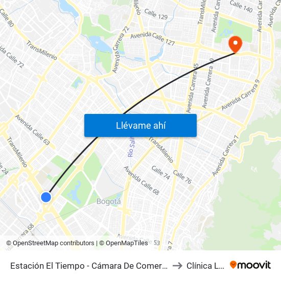 Estación El Tiempo - Cámara De Comercio De Bogotá (Ac 26 - Kr 68b Bis) to Clínica La Carolina map