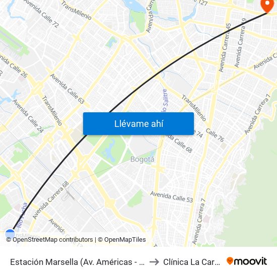 Estación Marsella (Av. Américas - Kr 69b) to Clínica La Carolina map