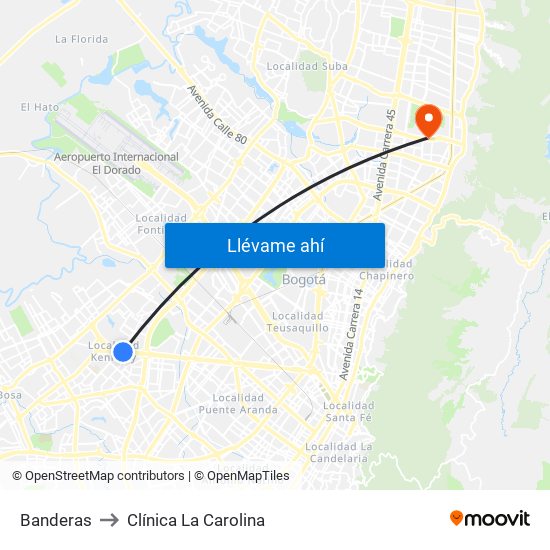 Banderas to Clínica La Carolina map