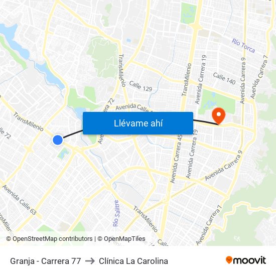 Granja - Carrera 77 to Clínica La Carolina map
