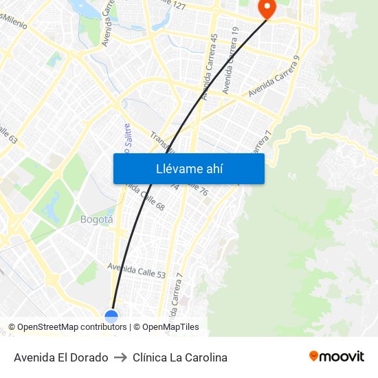 Avenida El Dorado to Clínica La Carolina map