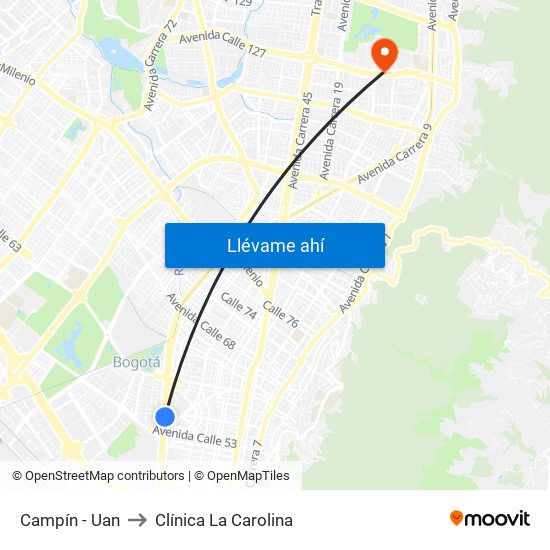 Campín - Uan to Clínica La Carolina map
