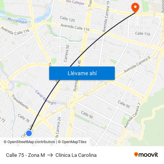 Calle 75 - Zona M to Clínica La Carolina map