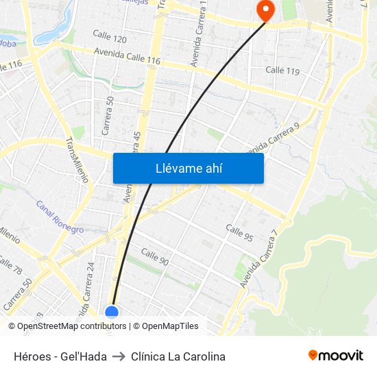 Héroes - Gel'Hada to Clínica La Carolina map