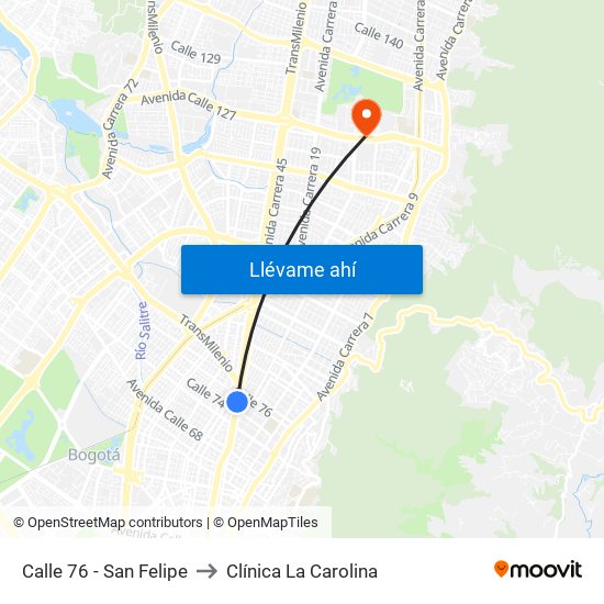 Calle 76 - San Felipe to Clínica La Carolina map