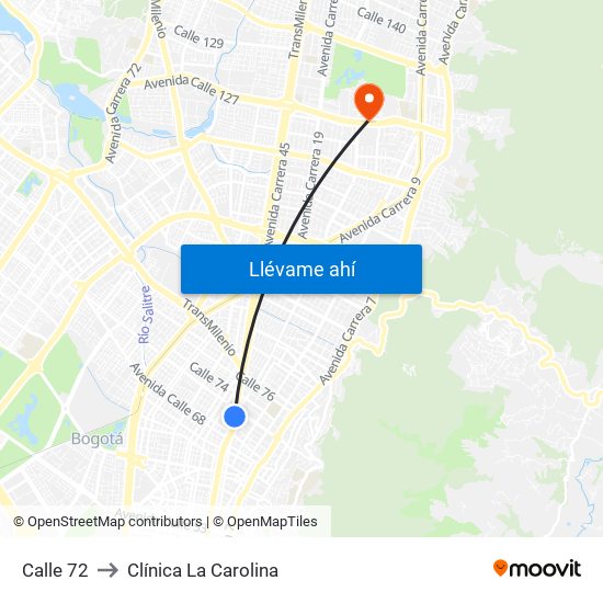 Calle 72 to Clínica La Carolina map