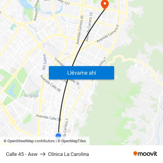 Calle 45 - Asw to Clínica La Carolina map