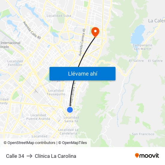 Calle 34 to Clínica La Carolina map