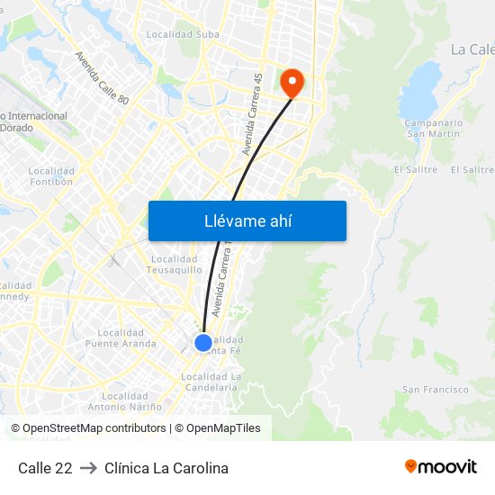 Calle 22 to Clínica La Carolina map