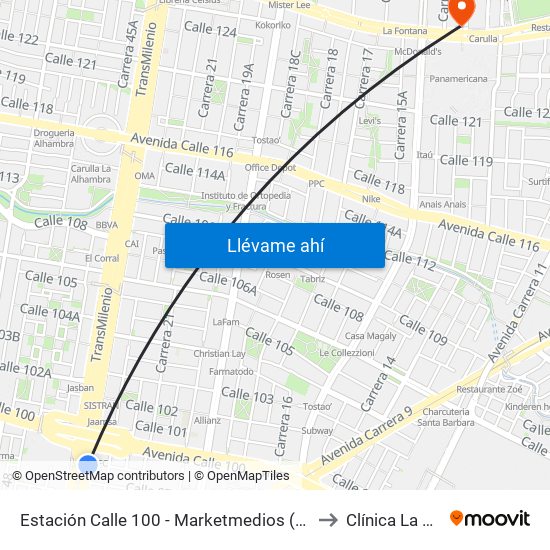 Estación Calle 100 - Marketmedios (Auto Norte - Cl 98) to Clínica La Carolina map