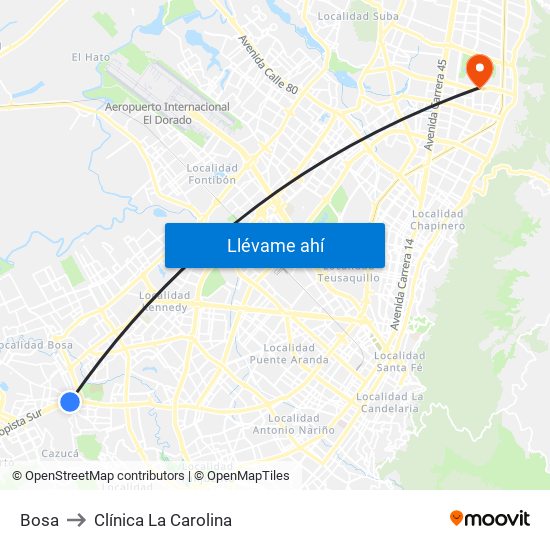 Bosa to Clínica La Carolina map