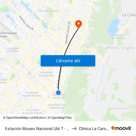 Estación Museo Nacional (Ak 7 - Cl 29) to Clínica La Carolina map