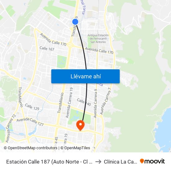 Estación Calle 187 (Auto Norte - Cl 187 Bis) (A) to Clínica La Carolina map