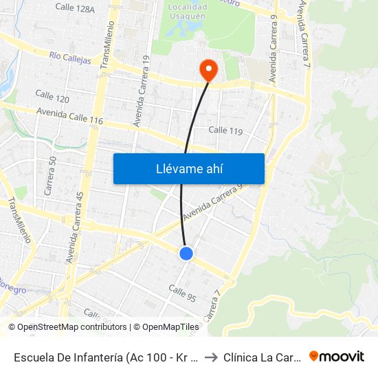 Escuela De Infantería (Ac 100 - Kr 11a) (B) to Clínica La Carolina map