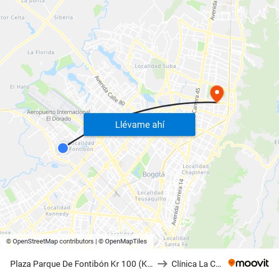Plaza Parque De Fontibón Kr 100 (Kr 100 - Cl 17a) to Clínica La Carolina map