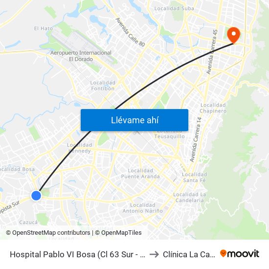 Hospital Pablo VI Bosa (Cl 63 Sur - Kr 77g) (A) to Clínica La Carolina map