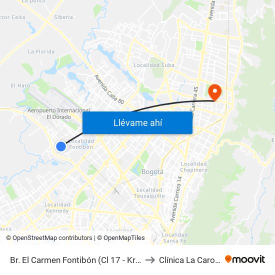 Br. El Carmen Fontibón (Cl 17 - Kr 100) to Clínica La Carolina map