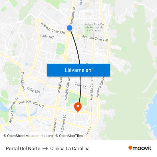 Portal Del Norte to Clínica La Carolina map