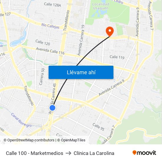 Calle 100 - Marketmedios to Clínica La Carolina map