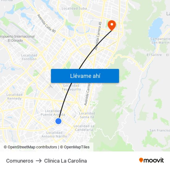 Comuneros to Clínica La Carolina map